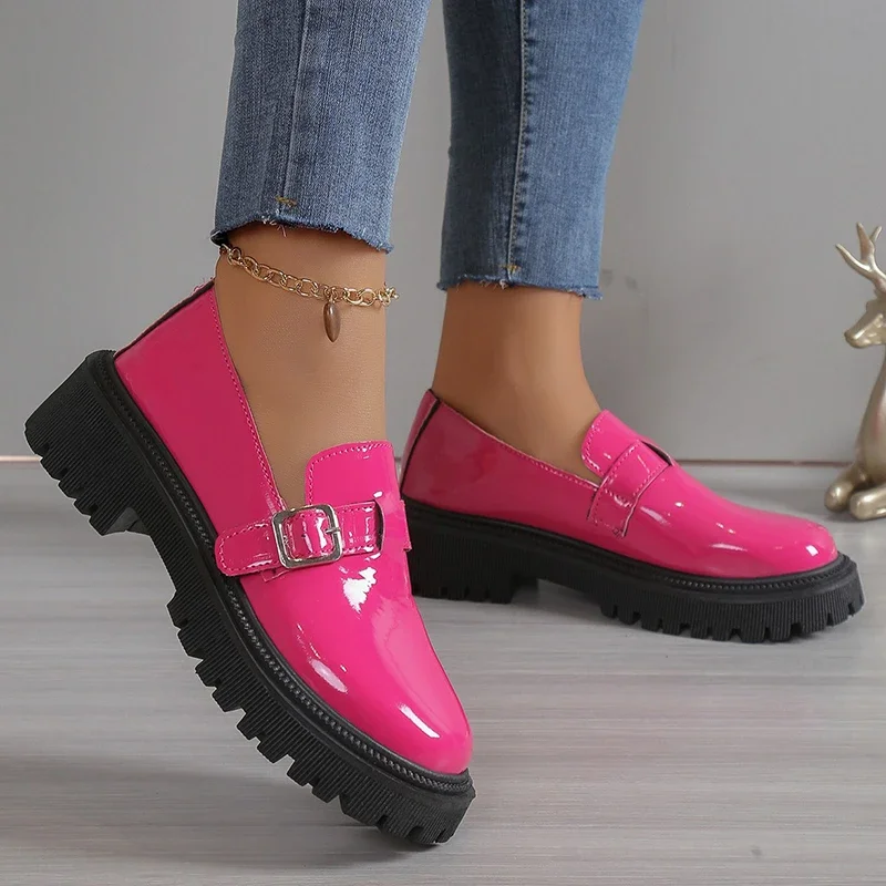Fashion Buckle Patent Leather Loafers Women Spring Platform Gothic Shoes Woman Casual Non-Slip Flats Shoes Ladies
