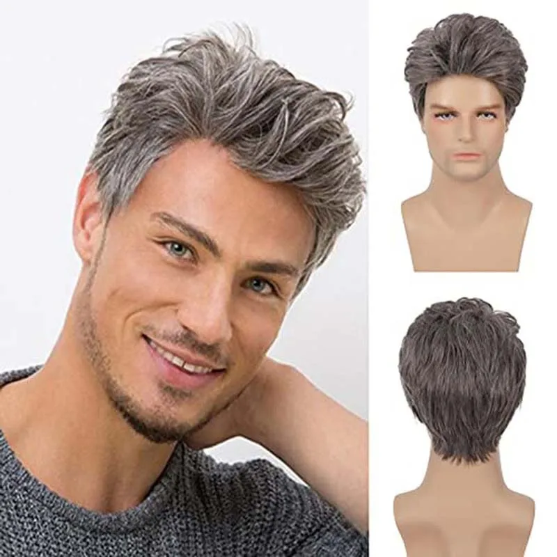 Men's Wigs Short Brown Synthetic Wig with Bangs Curly Fake Hair For Male Halloween Costume  Cosplay Natural Wig