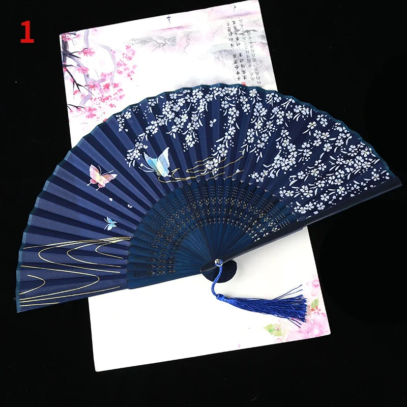 Vintage Silk Folding Fan 1Pc Retro Chinese Japanese Bamboo Folding Fan Tassel Dance Hand Home Decoration Ornament Craft Gift