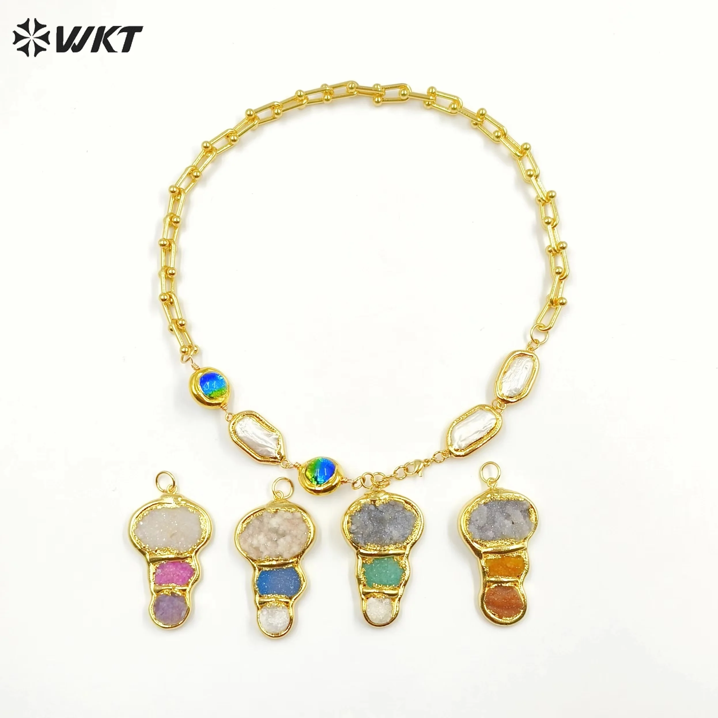 

WT-JN257 WKT New Exclusive Design 19 Inch Long Handmade Chain Assemble With Beads Pearl Druzy Agate Pendant Women Necklace