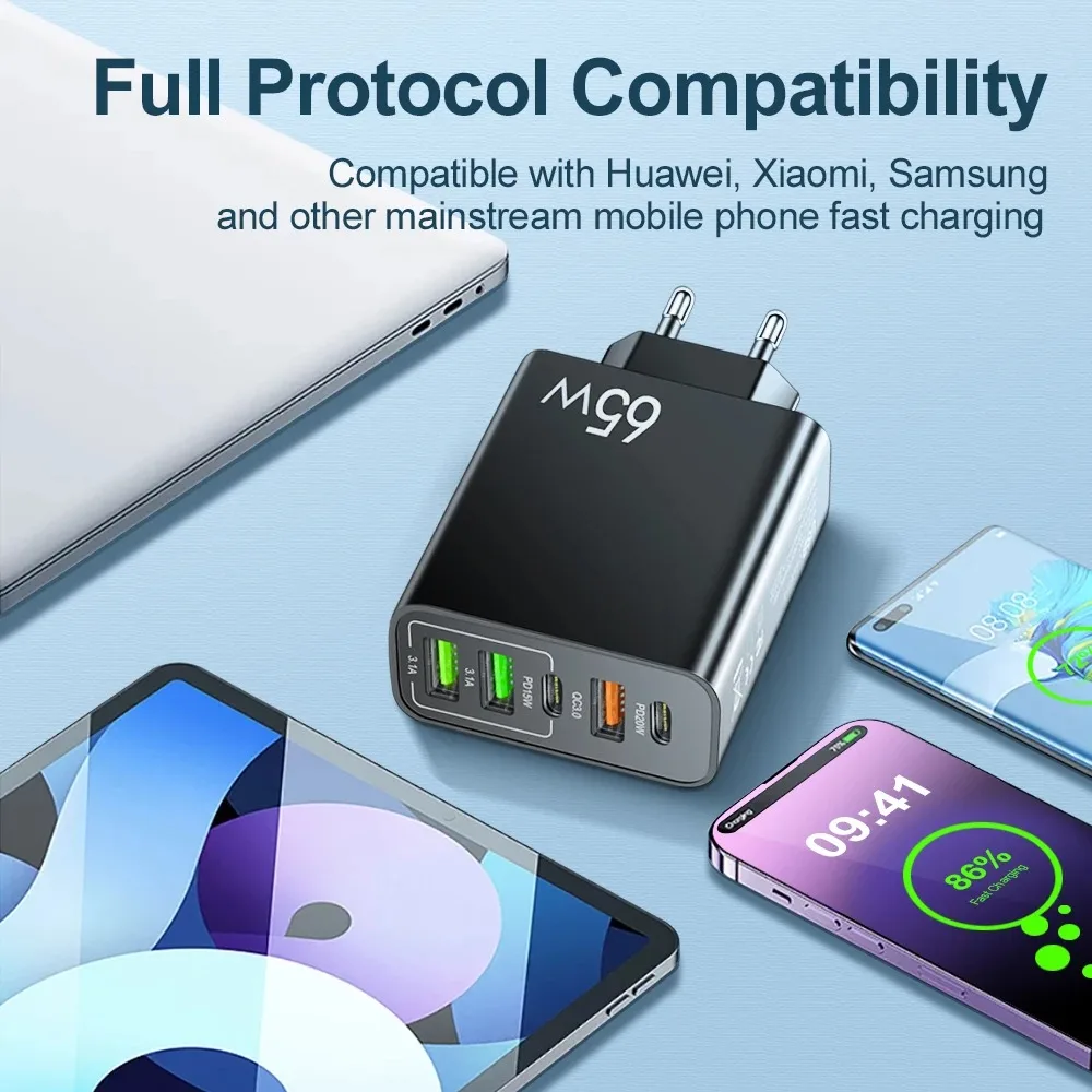Multi Port USB Charger PD 65W Fast Charging Charger Power Adapter EU/US/UK Plug