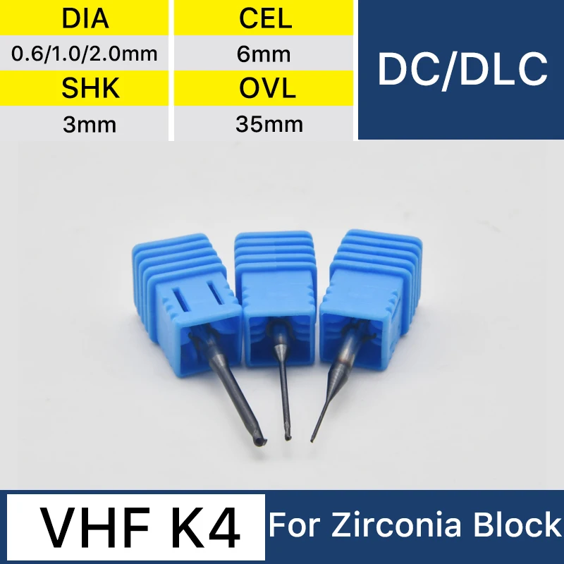 

VHF K4 хвостовик диаметром 3 мм 0,6/1,0/2,0 мм DC/DLC фрезерный Бур для циркониевого блока