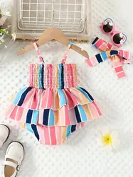 2pcs Baby Girls Casual Striped Thin Strap Sleeveless Onesie & Headband Set Clothes