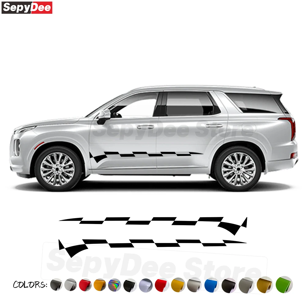 

2Pcs Car Door Side Skirt Stickers for Hyundai Palisade Checkered Graphic Body Decor Stripe Kits Vinyl Decal Car Accessories