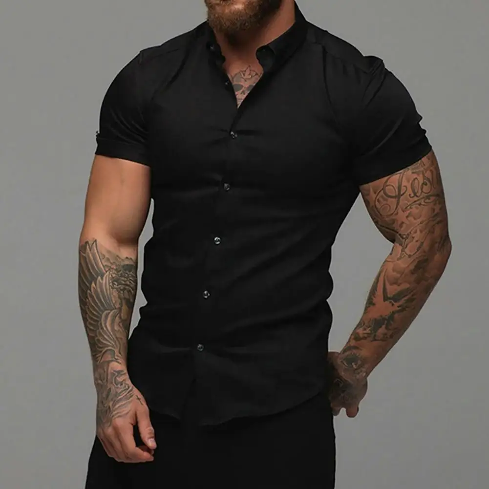 Summer Fashion Short Sleeve Shirt Men Solid Super Slim Fit Male Social Business Dress Shirt Brand Men Gym Fitness Sport Clothing