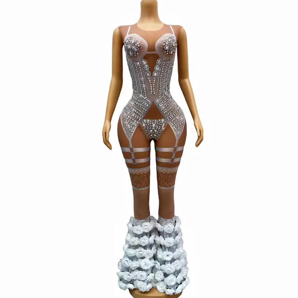 

Luxurious White Rose Flowers Rhinestones Jumpsuit Brown Mesh Sexy Evening Celebrate Dance Outfit Bodysuit Photoshoot Costume