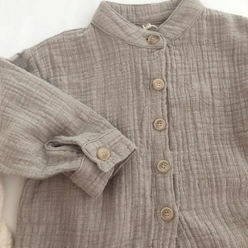 Spring  Autumn New Korean Children's Cotton and Linen Standing Neck Shirt Long Sleeved Loose Cotton Linen Shirt Top Long Sleeved 5