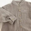 Spring  Autumn New Korean Children's Cotton and Linen Standing Neck Shirt Long Sleeved Loose Cotton Linen Shirt Top Long Sleeved 5
