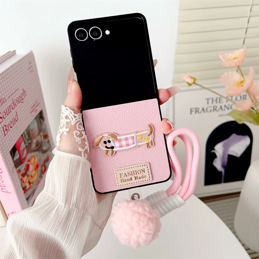 Cartoon Sausage Dog Leather Phone Case with Plush Lanyard – Shockproof Soft Frame Cover