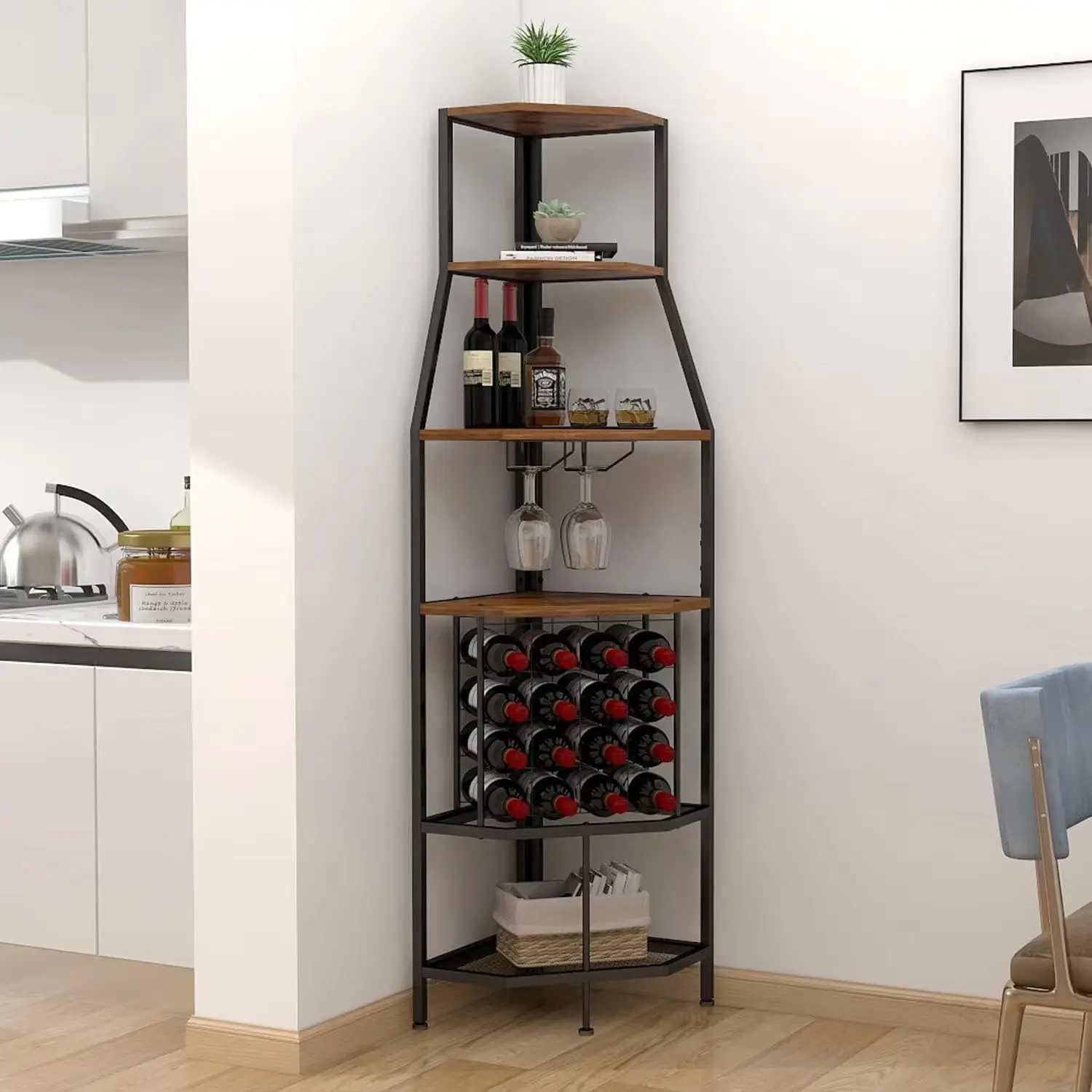 5-Tier Corner Wine Rack Freestanding Floor with Glass Holder and Bottles Wine Storage Home Bar Furniture for Home Kitchen Dinin