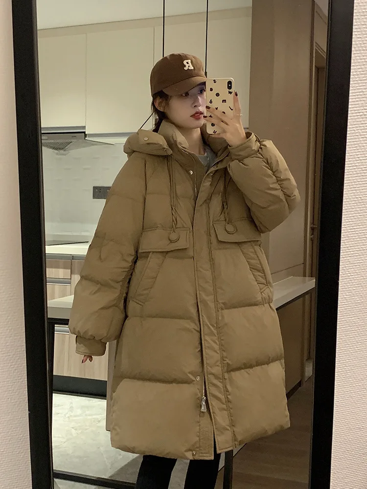 

2023 new medium and long hooded down jacket women's warm commuting white duck down loose green red coat women