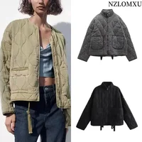 Women's Diamond Check Cotton Jacket Round Neck Loose Long Sleeve Zip Cotton Jacket Vintage Street Fashion Pocket Warm Top 1