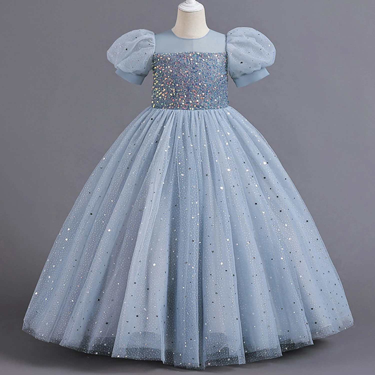 Shiny Toddler Little Big Girls Sequined Puff Sleeves Flower Girl Birthday Party Pageant Formal Evening Dress 4
