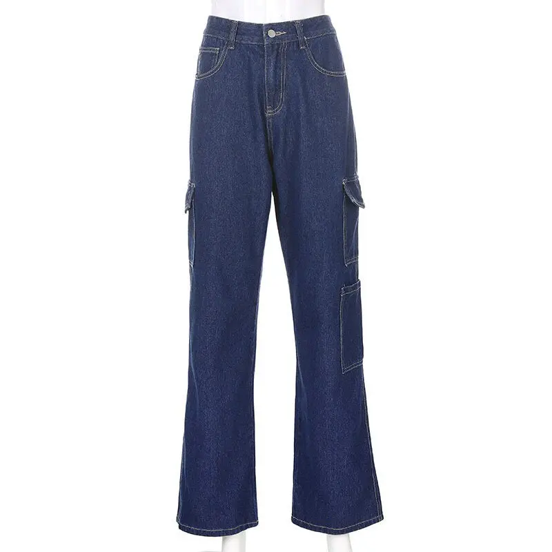 2023 Vintage Women Fashion White Blue High Waist Casual Jeans Loose Omighty Wide Leg Pocket Cargo Pants Solid Overalls Trouser