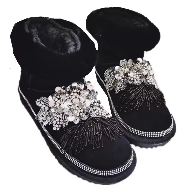 

Fox hair boots Winter plus fleece warm boots rhinediamond Pearl vintage handmade custom fur one-piece boots women's 35-40