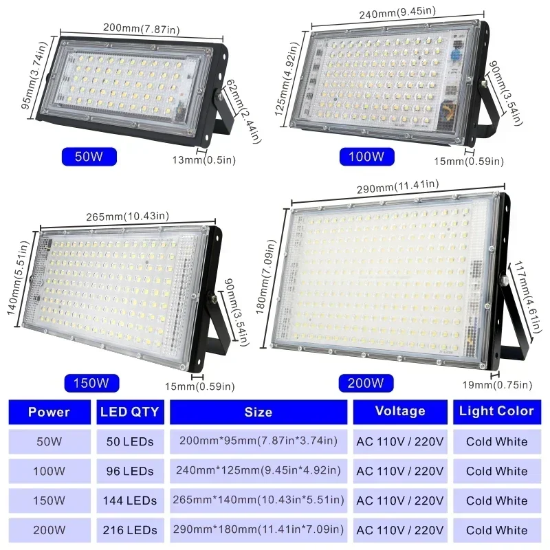 Led Flood Light 50W 100W 150W 200W 110V 220V Outdoor Floodlights IP65 Waterproof Wall Lamp Reflector Led Street Light led flood light