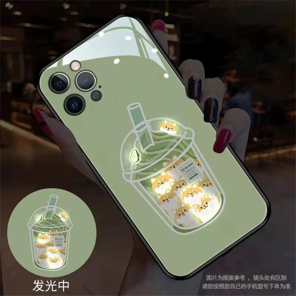 Cute Boba Milk tea Luminous Phone Case for iPhone 15 14 13 12 11 Pro XS Max XR X 8 7 Plus Cat Call Light Up Funny Cartoon Cover