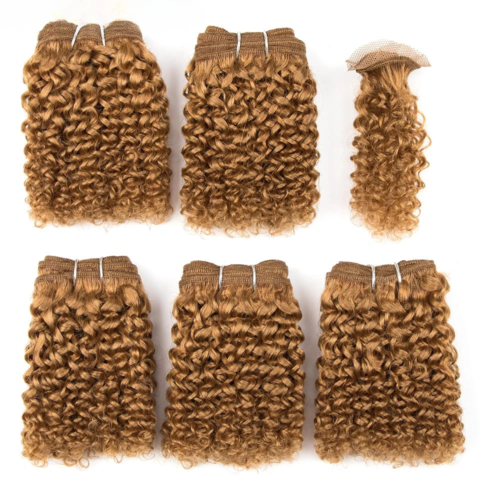 Queen Virgin Remy Short Curly Hair Bundles With Closure Remy Human Hair Weave 5 Bundles With Closure 6pc Double Drawn 99g P4/27