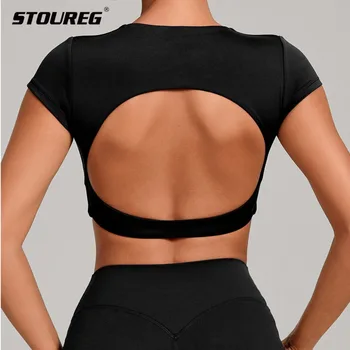 T-shirt sportiva con schiena muscolare senza imbottitura Camicie sportive senza schienale da donna Allenamento in palestra T-shirt da yoga Top aperti sul retro per esterni