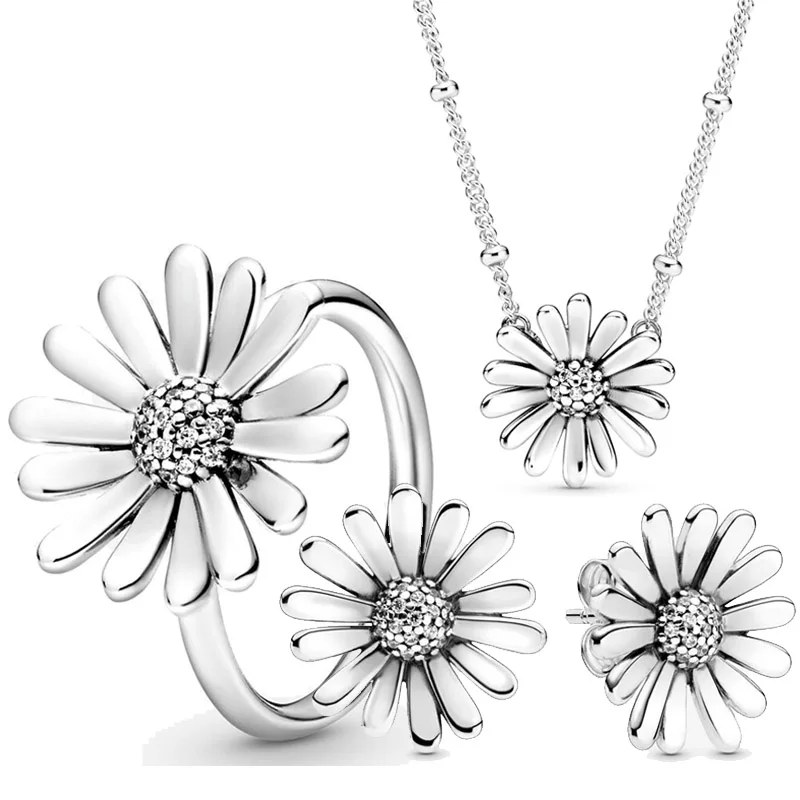 

Original 925 Sterling Silver Pave Daisy Flower Statement Necklace Earring Ring With Crystal For Women Europe Gift Jewelry Set