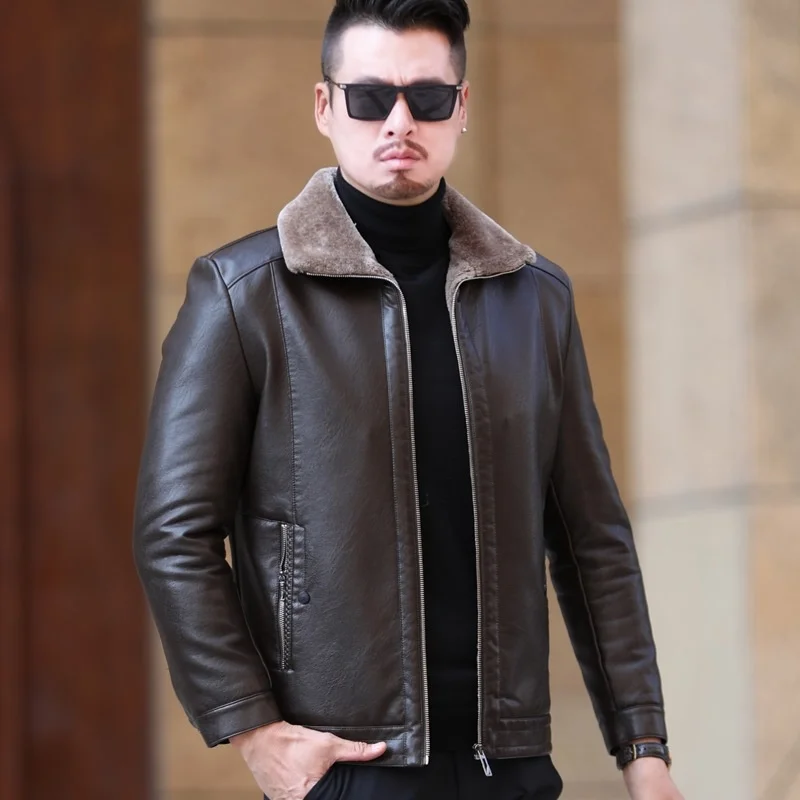

YXL-225 Genuine Leather Jacket Men's Fur All-in-One Casual Thickening Plus Fleece Sheepskin Fertilizer Size Winter