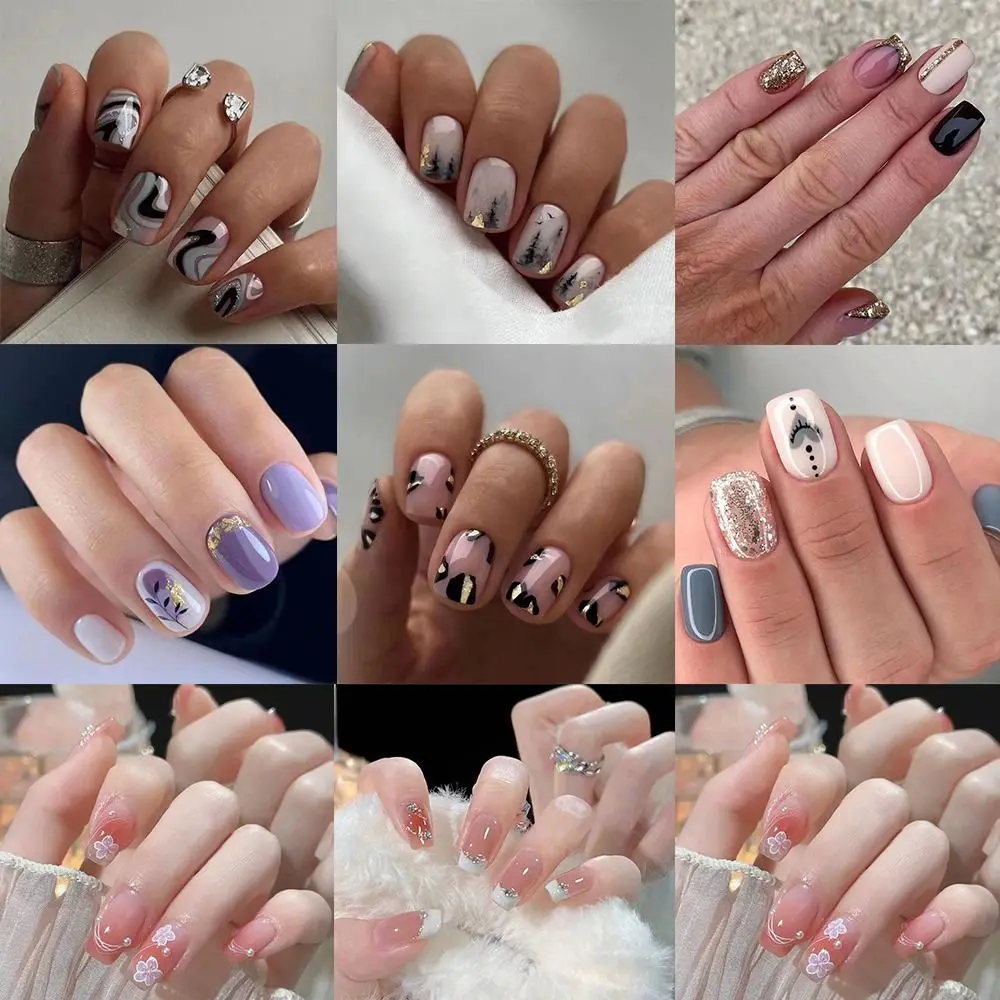 24pcs Manicure DIY Fake Nials False Nails French Short Square Pink Glitter Gold Edge