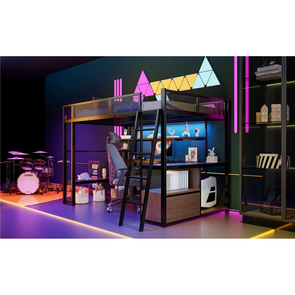 Metall-Gaming-Hochbett mit Integriertem Arbeitsplatz Kinderbett mit LED-Beleuchtung und Viel Stauraum Zweistöckiges Bett 140x200cm – Detail 32