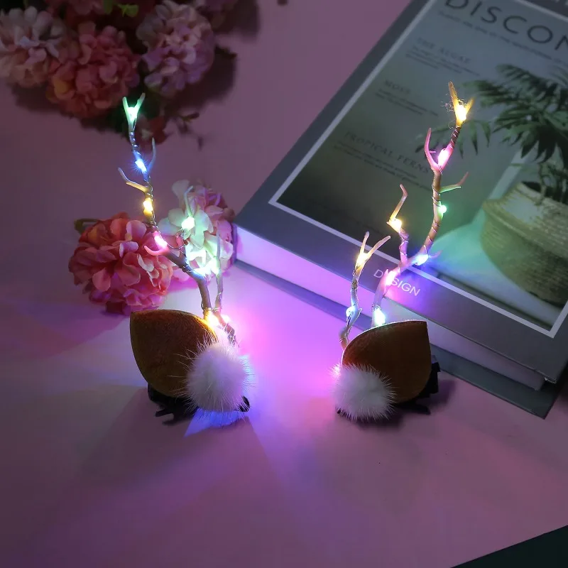 LED Cute Christmas Hair Clips Colorful Light Branches Hairpins Girls Headwear Birthday Party Decor Photo Props Hair Accessories
