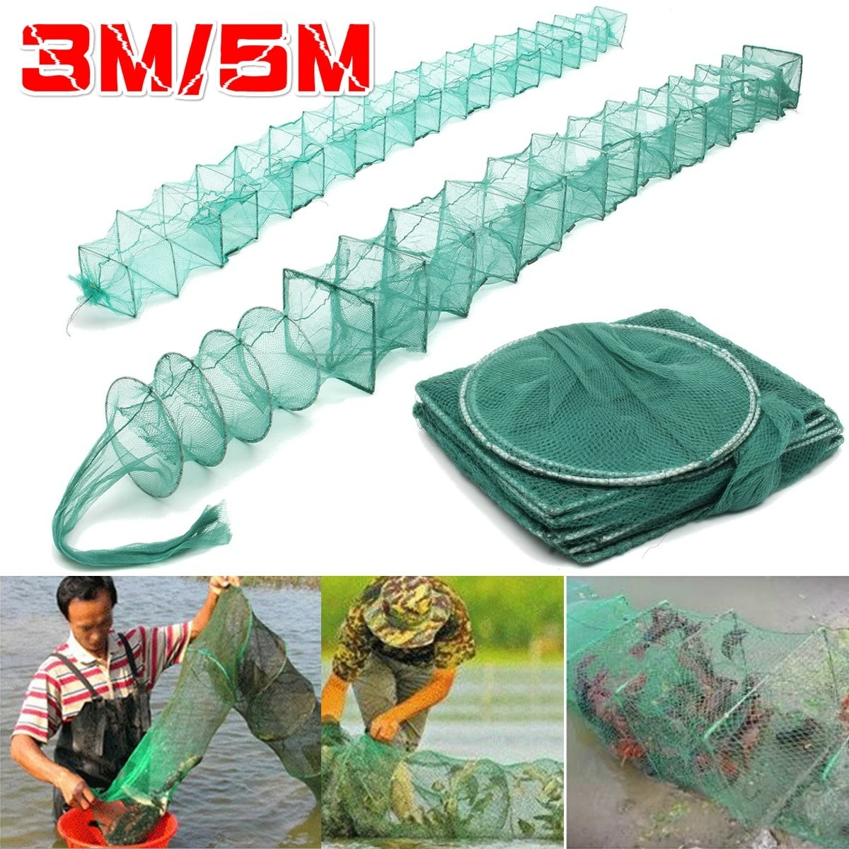 Chr 3/5m Long Fishing Mesh Crab Crayfish Lobster Catcher Trap Foldable