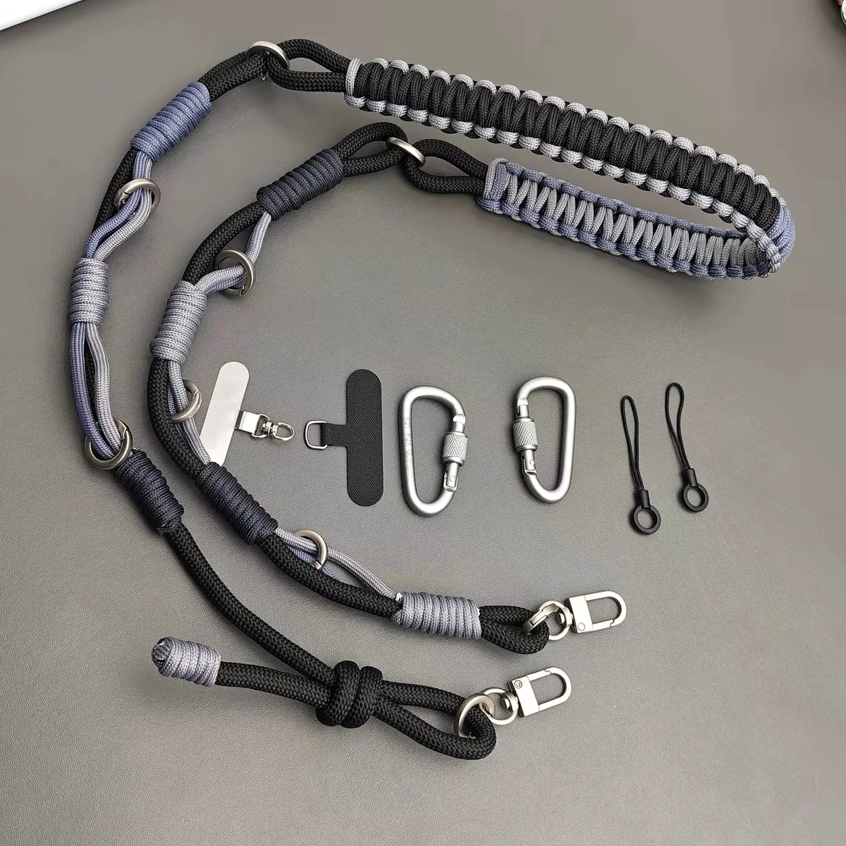 Black DIY Hand-braided Paracord Bag Strap Outdoor Multifunctional Anti-lost Adjustable Camera Phone Lanyard Shoulder Strap