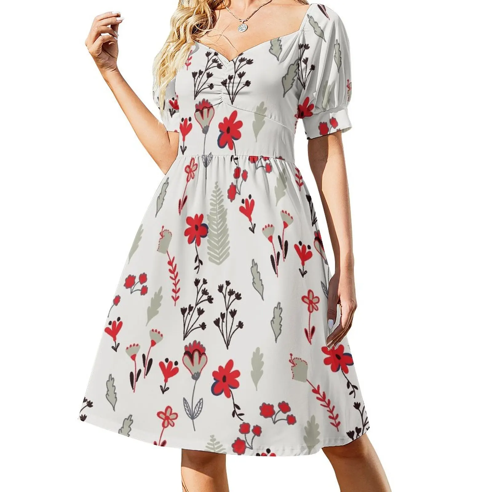 thumbnail image 1 of Vestido rojo vintage con estampado floral de manga corta para mujer, vestidos de mujer, ropa para mujer, vestido, 1 of 7