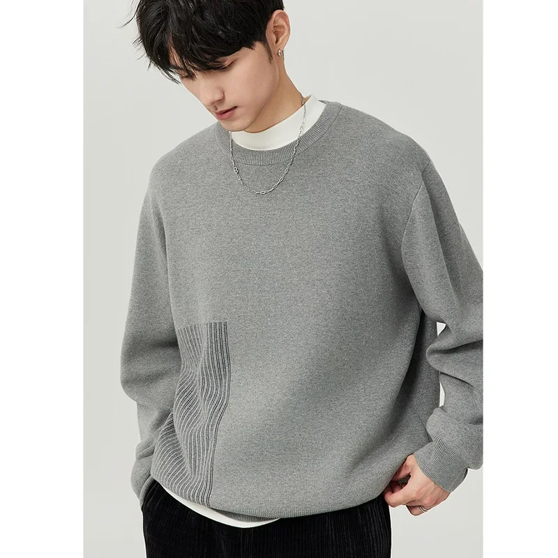 하이 엔드 패치 워크 간단한 기본 라운드 넥 멀티 컬러 니트 남성 가을과 겨울 두꺼운 한국베이스 스웨터 겉옷