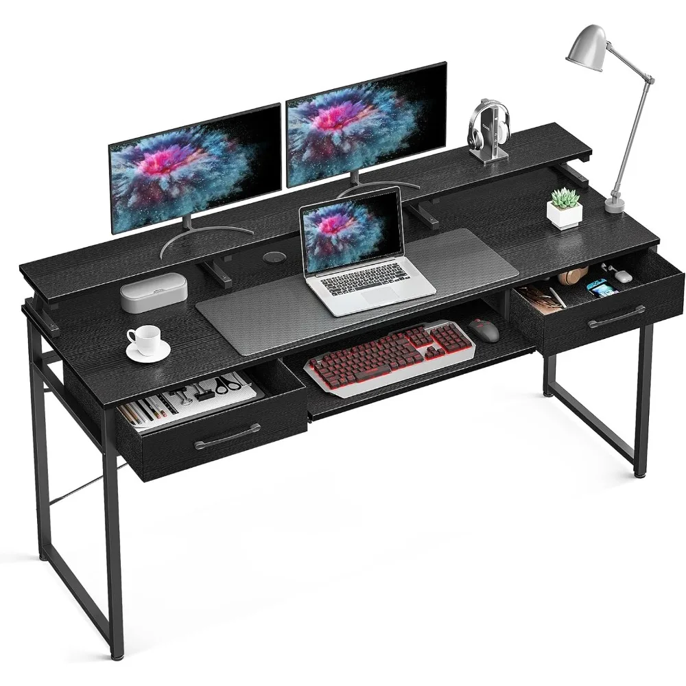 

ODK Computer Desk Study Table, 63 Inch Office Desk with Drawers and Keyboard Tray, Study Work Desk with Monitor Shelf