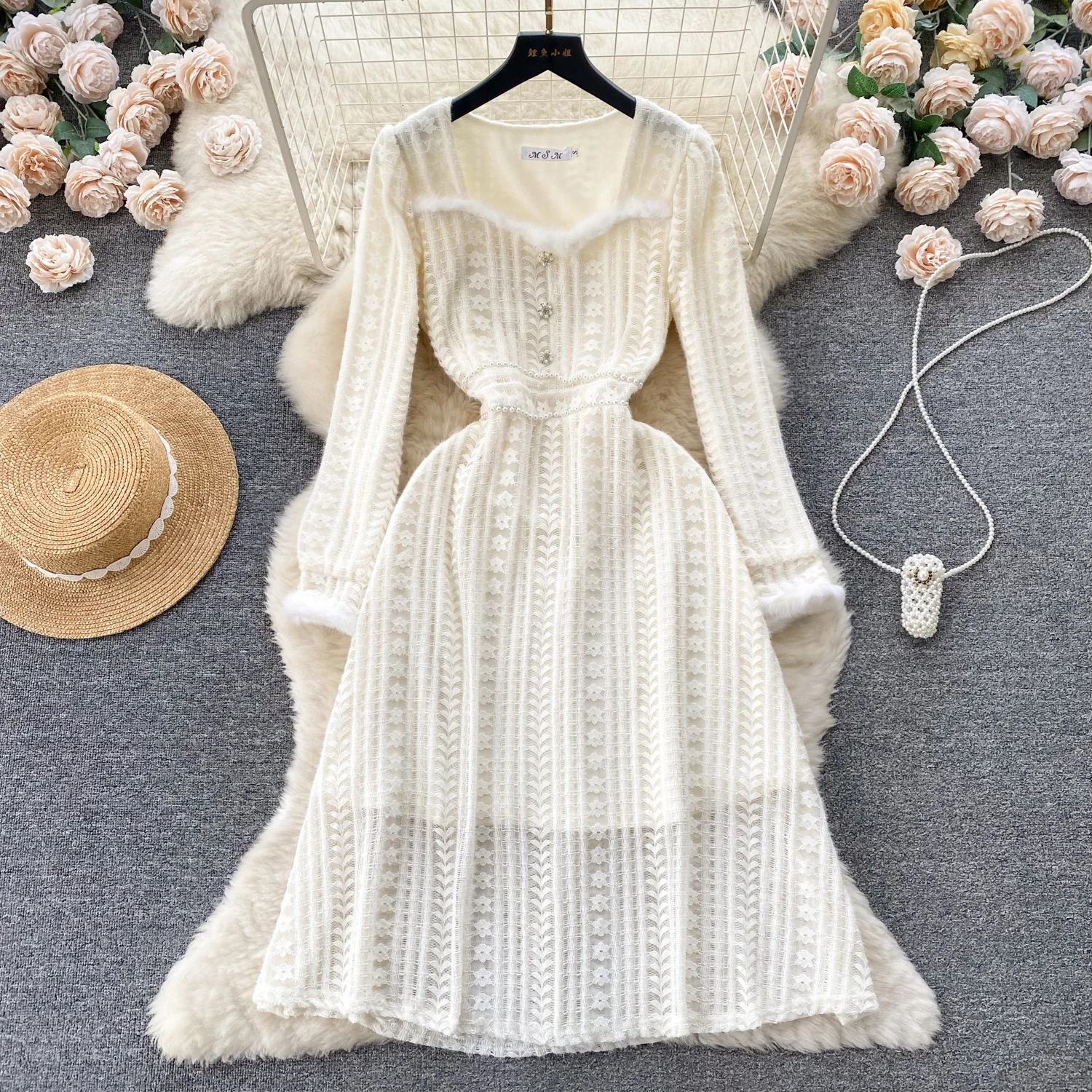 

French Style Apricot Lace Dress Autumn Temperament Square Collar Furry Splicing Long Sleeve Skinny Beading Women Vestidos