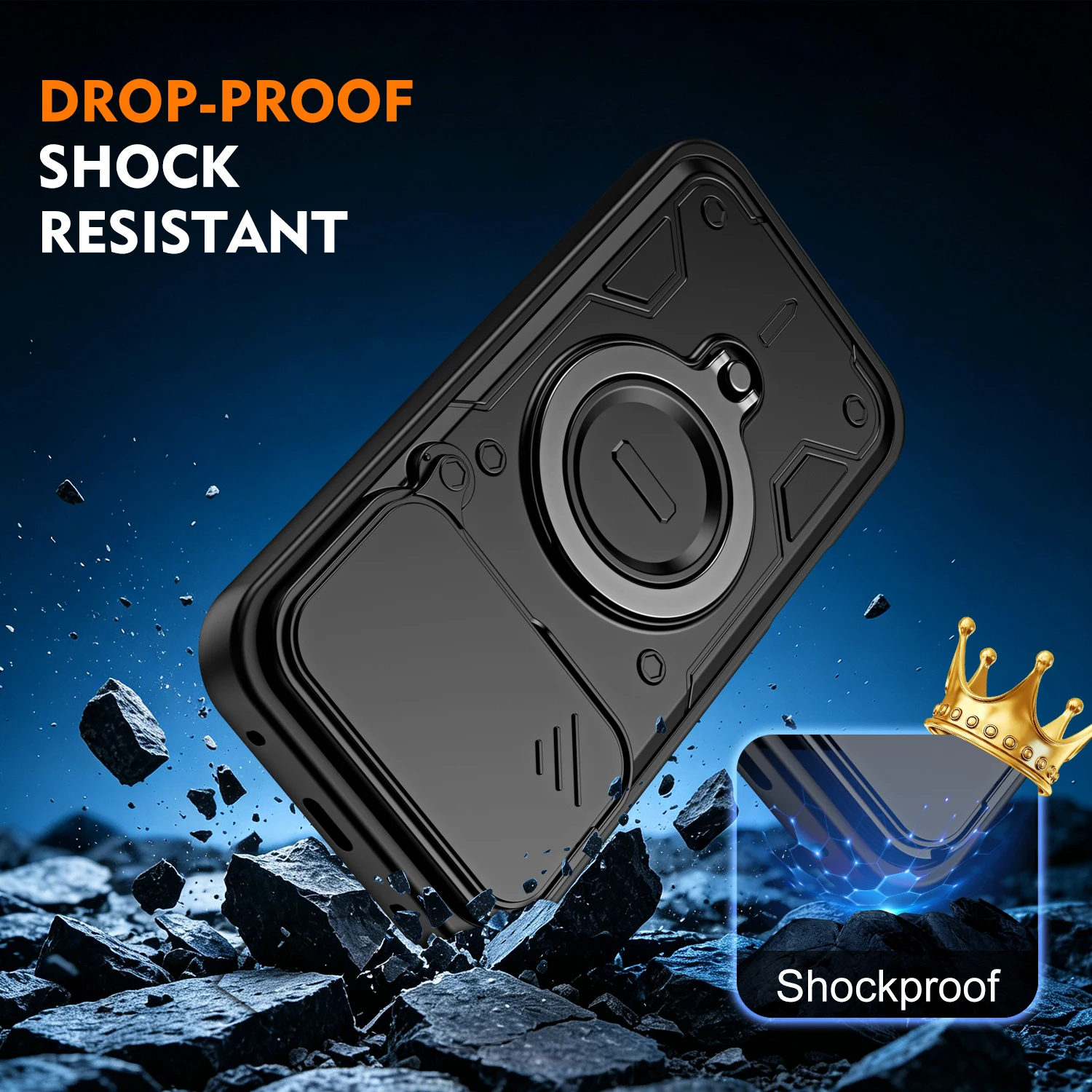 Dual-Function Dropproof Protective Case with Sliding Lens Cover and Metal Ring Bracket
