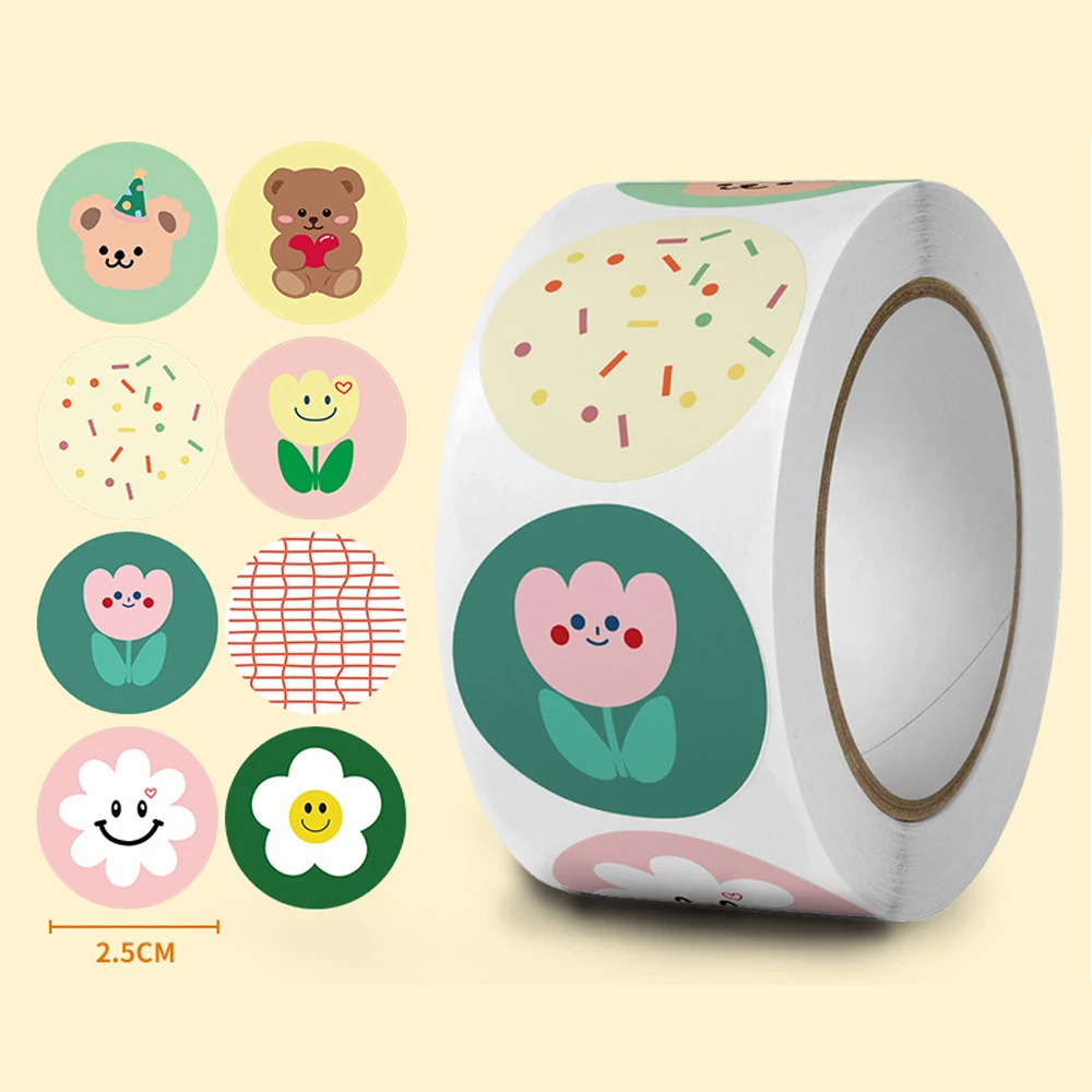 100-500pcs Cute Cartoon Flower Stickers 1inch Reward Sticker Round Rainbow Seal Labels for Handmade Gift Packaging Decor Kids
