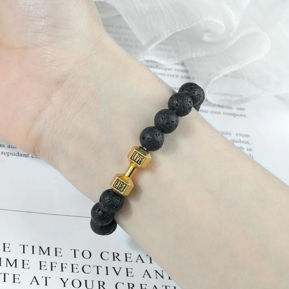 Natural Black Volcanic Lava Stone Dumbbell Bracelet black Matte Beads Bracelets For Women Men Fitness Barbell Jewelry Pulseras