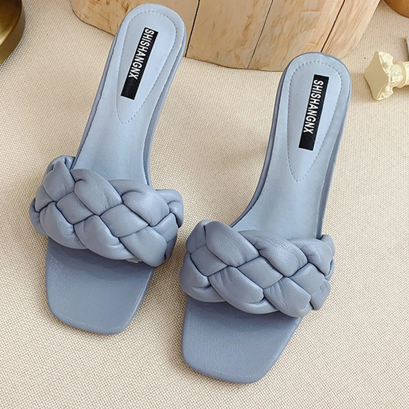 Weave Designer Women Slipper Ladies Thin High Heel Sandal 2021 New Summer Slip-On Open Toe Brown Outdoor Slides Flip Flop Shoe