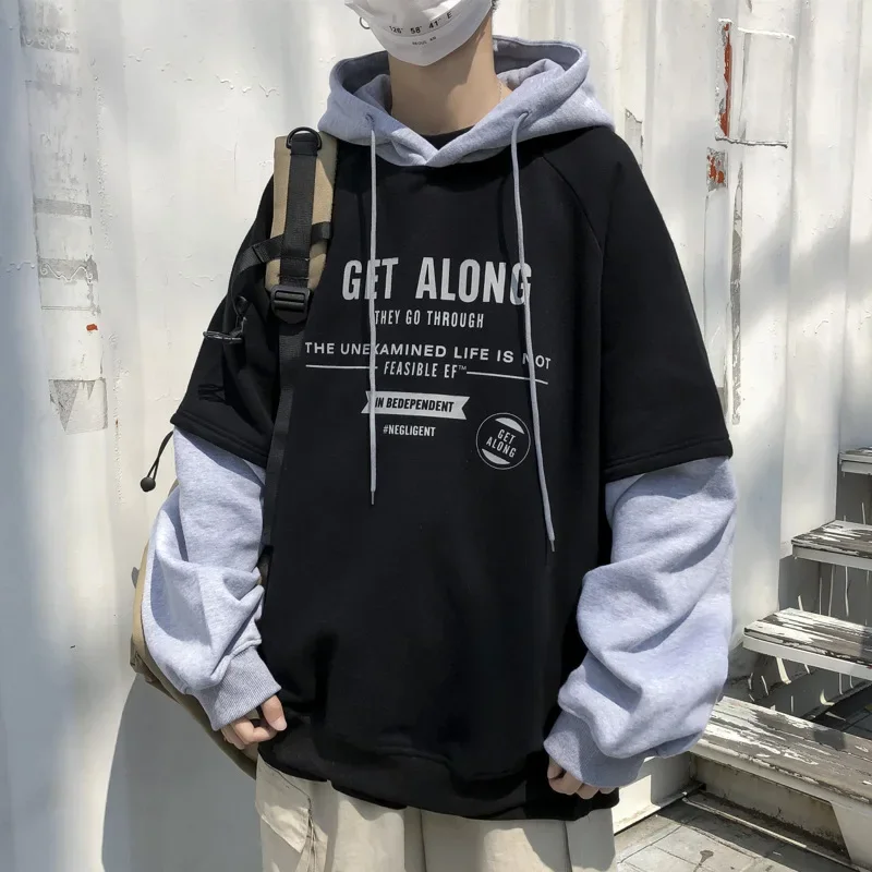 

Men's Hoodie Patchwork Long Sleeve Harajuku Letter Printing Korean Fashion Streetwear Man Sweatshirts HIP HOP Trend Hoodies Men