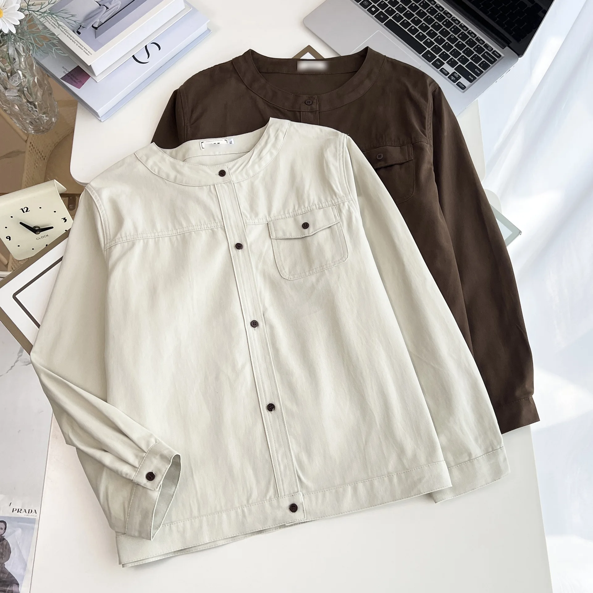 Fashion Plus Size Women's Jacket Autumn Stylish Stand Collar Long Sleeve Washed Cotton Temperament Commuting Coat 2173