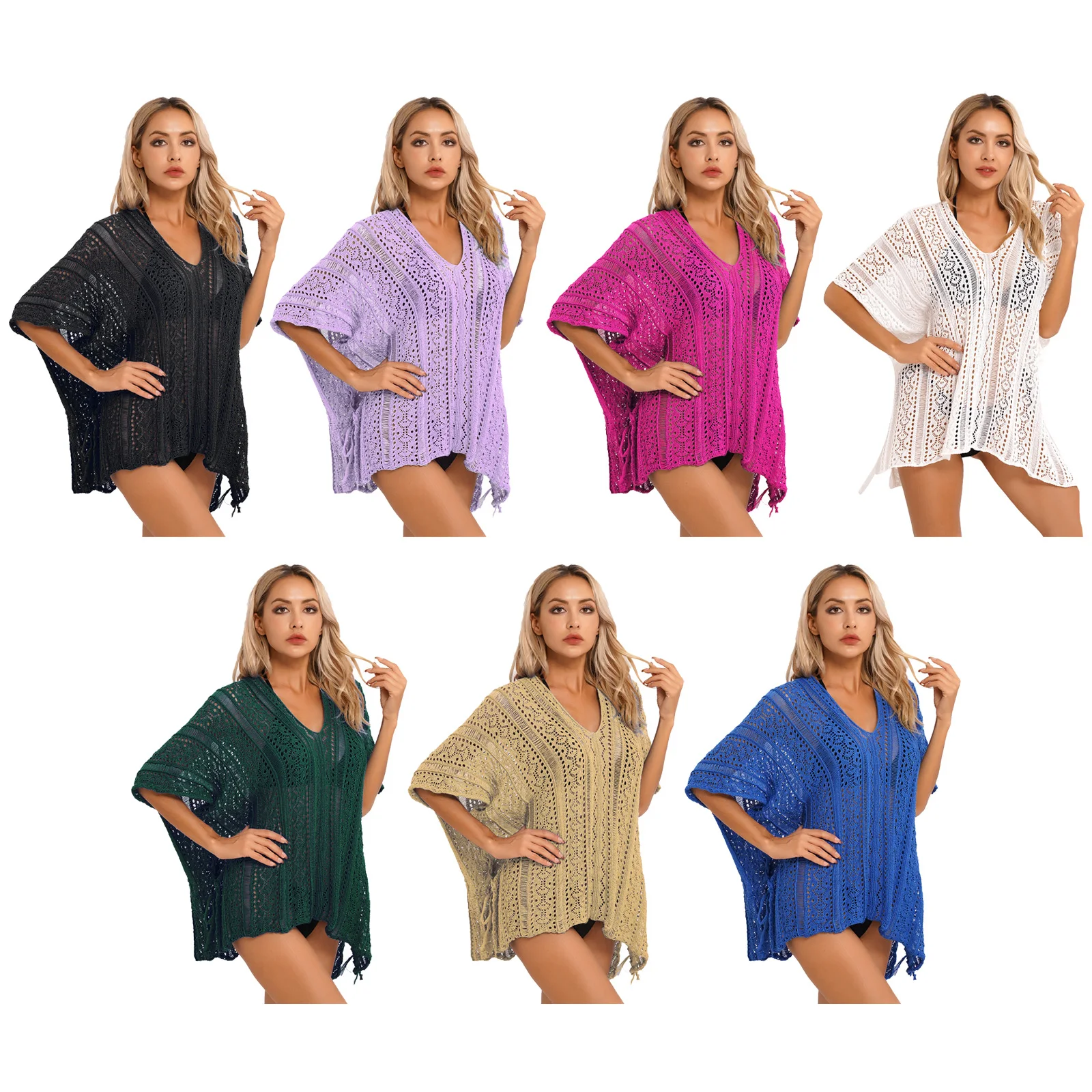 Women Hollow Out Crochet Beach Swimsuit Bikini Cover Ups V Neck Short Sleeve Side Split Drawstring Cover Up Beach Top