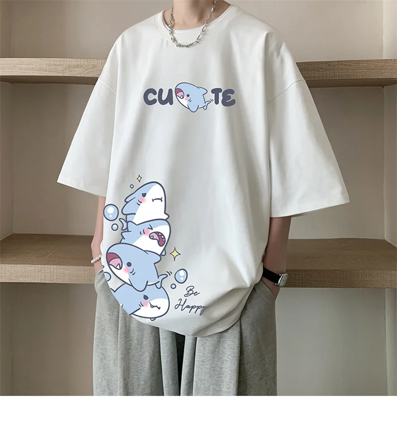Men's Cotton T-shirts White Men Oversized T Shirt Anime Shark Print Summer Casual Wear 5XL Tee Shirts Big Size Male Clothes
