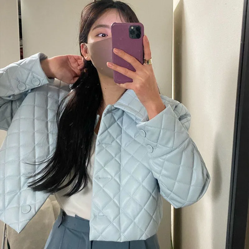 Women French Retro Temperament Lapel Diamond Lattice Design Loose Long Sleeved Warm Cotton Short Coat Clothing Pure Color Jacket