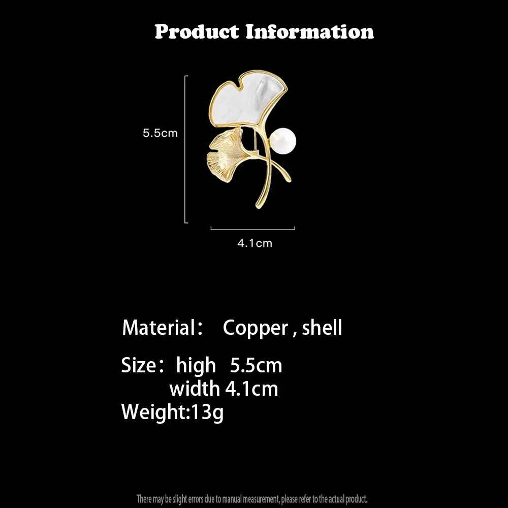 Fashion Shell Fresh Water Pearl Ginkgo Leaf Copper Brooches for Women Men Luxury Design Corsage Clothing Pins Accessories