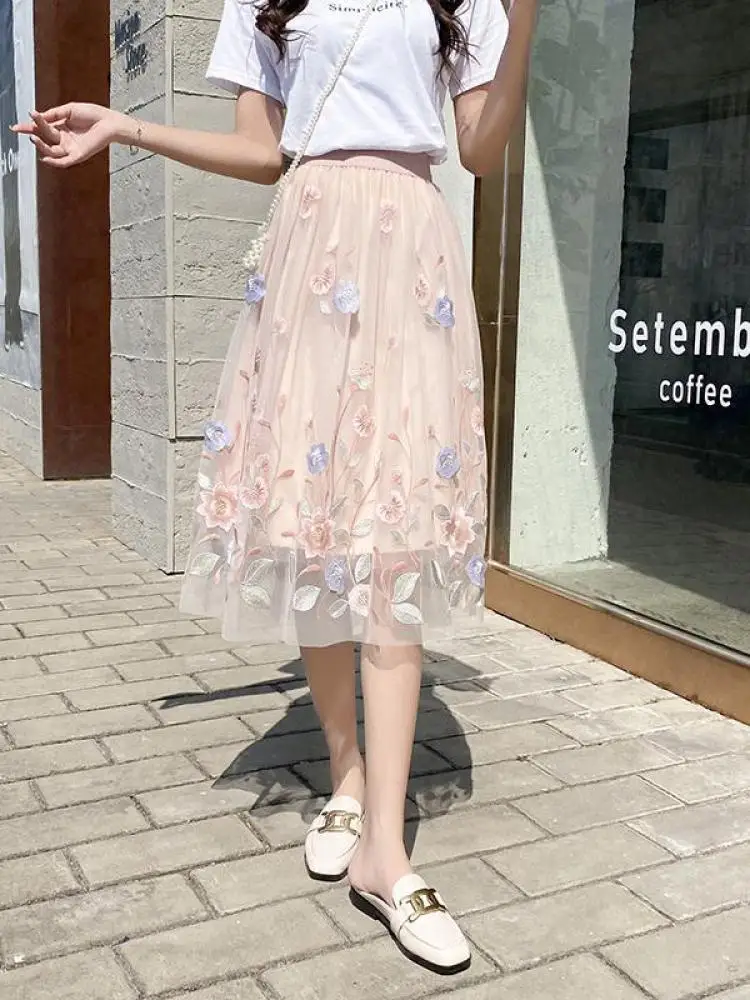 

Elegant Skirt Womens Mesh Embroidery Summer High Waist A-line Skirts Female Fashion Medium Long Tulle Skirts Women Chic 2022
