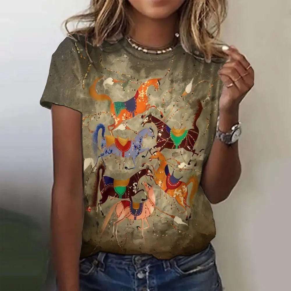 

Horse Printing Women's T-Shirts Top Short Pullover Sleeved Fashion Leisure Style O-Neck Tee Shirt Female Everyday Clothing 2024