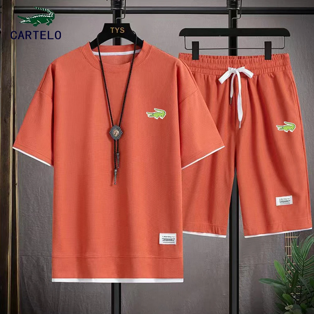 Summer Men's Two Piece Set Waffle Fabric Casual T-Shirt And Shorts Set Mens Sports Suit Fashion Short Sleeve Tracksuit Men Suits