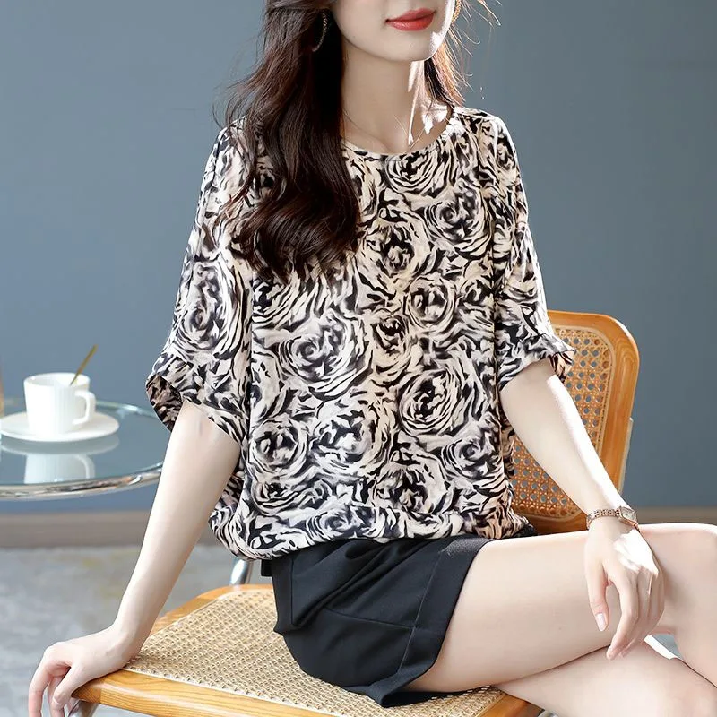 Women's Round Neck Short Sleeve Printing Pullovers, Chiffon All-Match Clothing, Korean Top, Spring, Summer, 2024