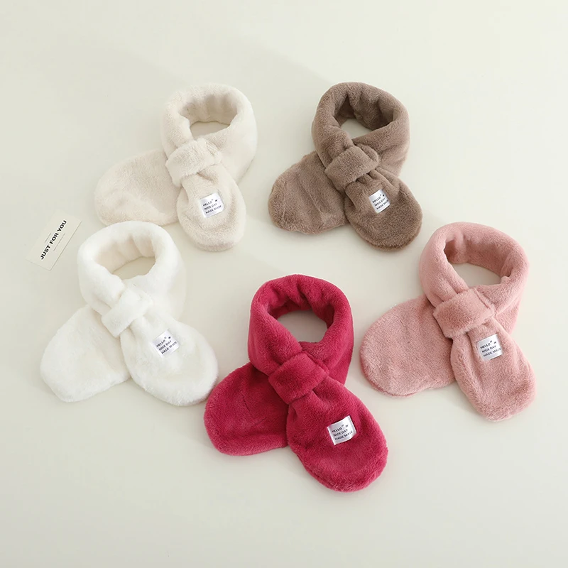 Solid Color Winter Baby Scarf Korean Kids Plush Neck Warmer Boys Girls Windproof Warm Cross Scarves