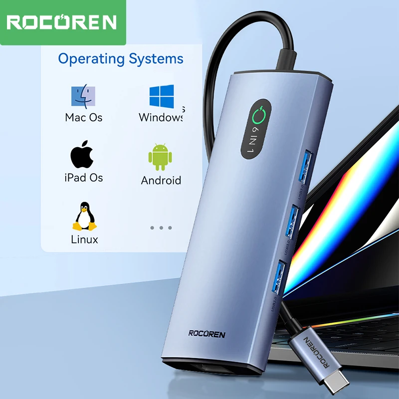 Rocoren 6 in 1 USB C Hub RJ45 4K@30Hz USB 3.0 Splitter PD 100W Type C Dock Station For Macbook Air Pro Samsung Xiaomi Laptop PC Best Sellers In Phones Accessories